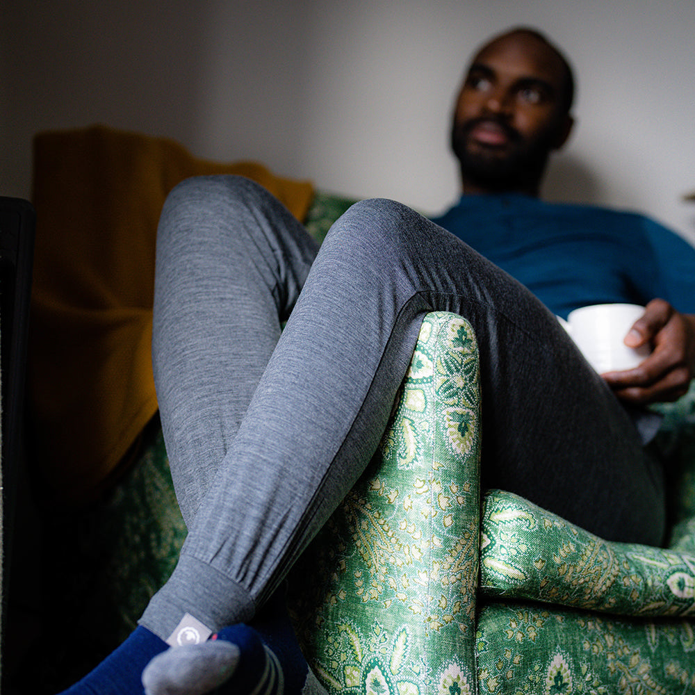 Isobaa | Mens Merino Blend 200 PJ Joggers (Smoke Melange) | Our superfine Merino blend joggers. | Model: Michael