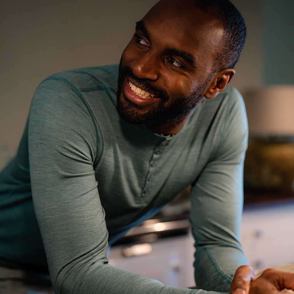 Isobaa | Mens Merino Blend 160 PJ Henley (Sage Melange) | Relax with our superfine Merino blend Henley. | Model: Michael