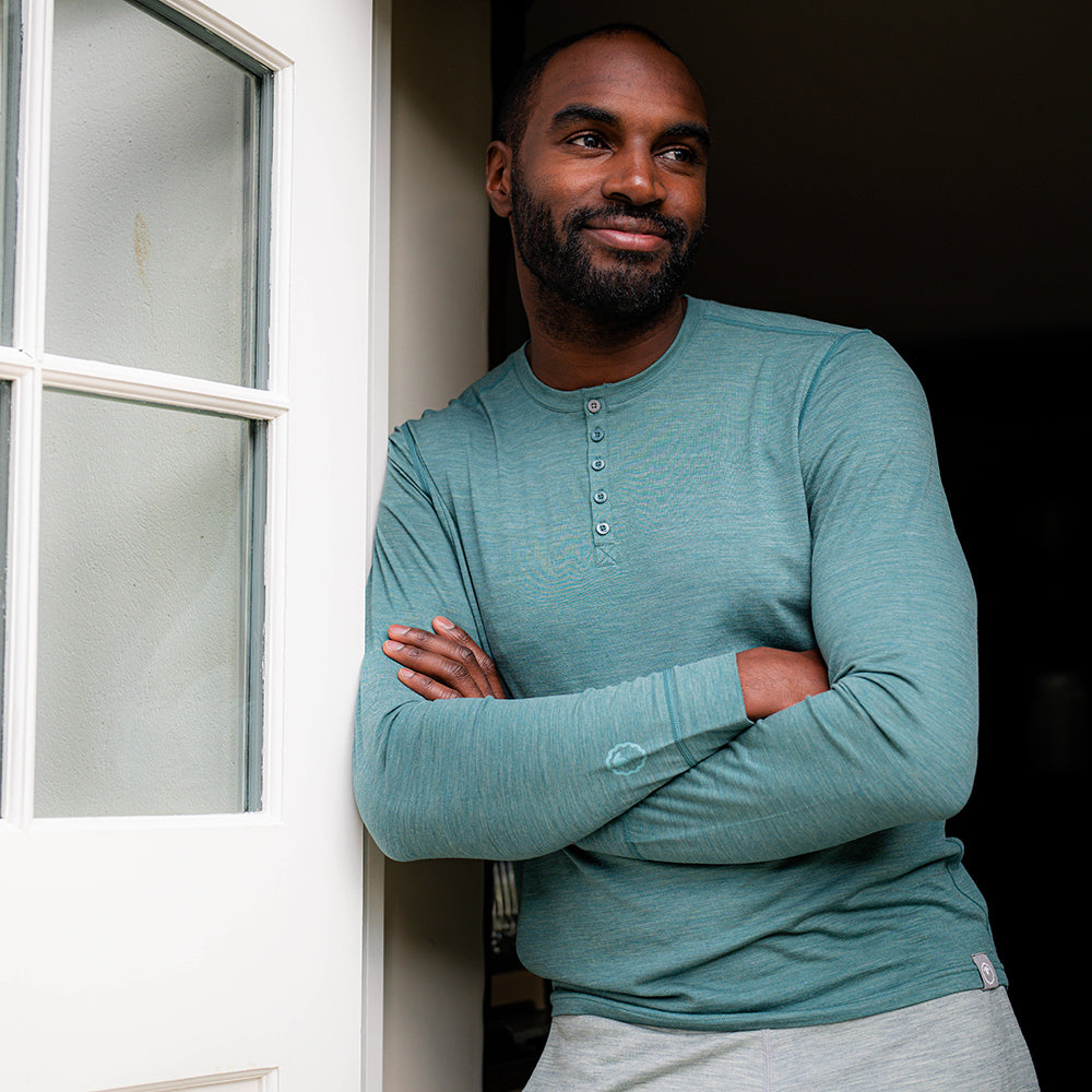 Isobaa | Mens Merino Blend 160 PJ Henley (Sage Melange) | Relax with our superfine Merino blend Henley. | Model: Michael