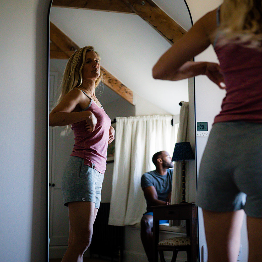 Isobaa | Womens Merino Blend 200 PJ Shorts (Cloud Melange) | Discover breathable comfort with our Merino blend shorts. | Model: Amy