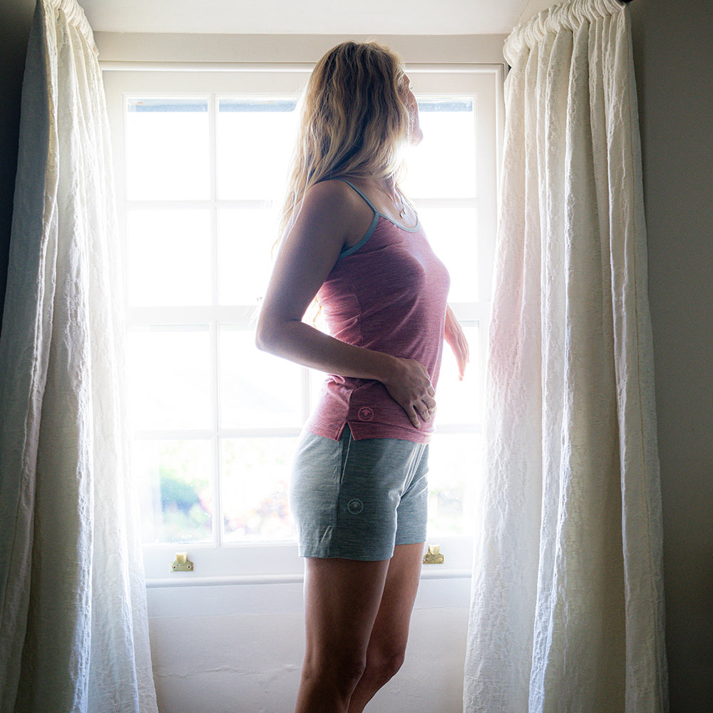 Isobaa | Womens Merino Blend 200 PJ Shorts (Cloud Melange) | Discover breathable comfort with our Merino blend shorts. | Model: Amy