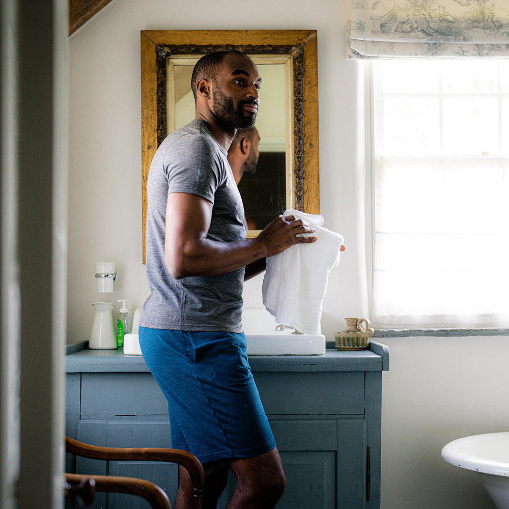 Isobaa | Mens Merino Blend 200 PJ Shorts (Petrol) | Discover breathable comfort with our Merino blend shorts. | Model: Michael