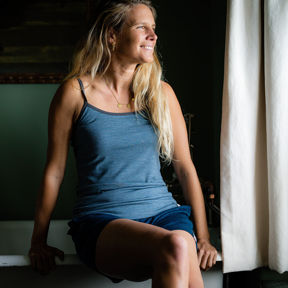 Isobaa | Womens Merino Blend 160 PJ Cami (Ocean Melange) | Indulge in cosy evenings and restful nights with Isobaa's Merino blend cami. | Model: Amy