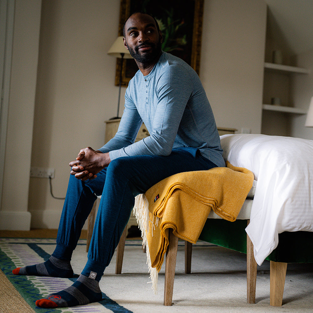 Isobaa | Mens Merino Blend 160 PJ Henley (Ocean Melange) | Relax with our superfine Merino blend Henley. | Model: Michael