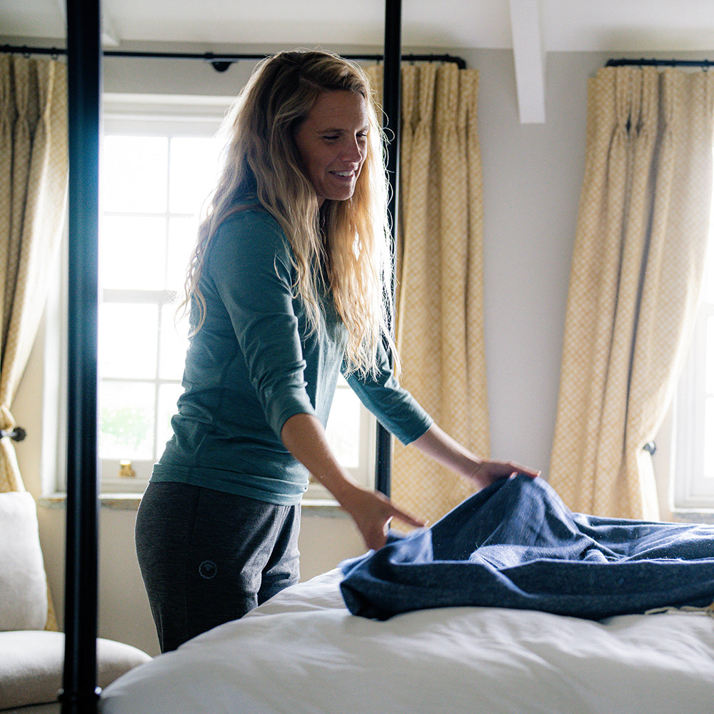 Isobaa | Womens Merino Blend 160 PJ Henley (Sage Melange) | Embrace effortless comfort with Isobaa's Merino blend Henley. | Model: Amy