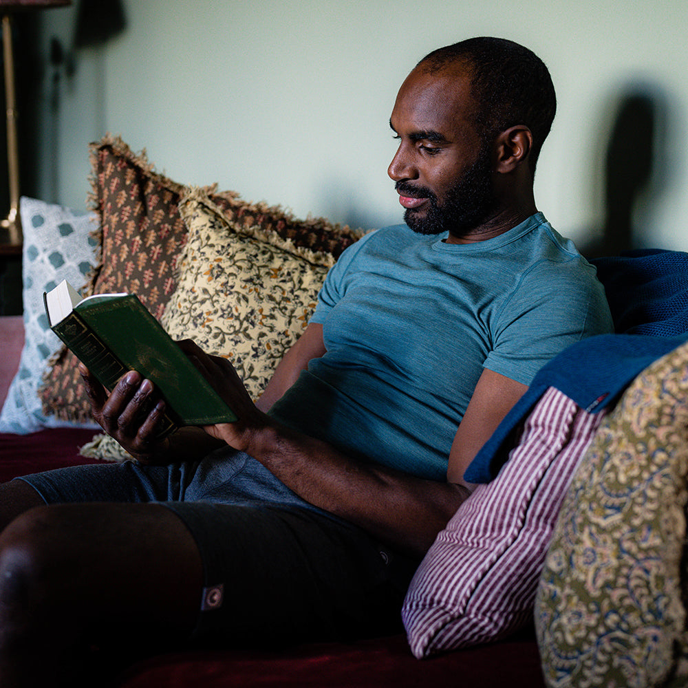 Isobaa | Mens Merino Blend 200 PJ Shorts (Smoke Melange) | Discover breathable comfort with our Merino blend shorts. | Model: Michael