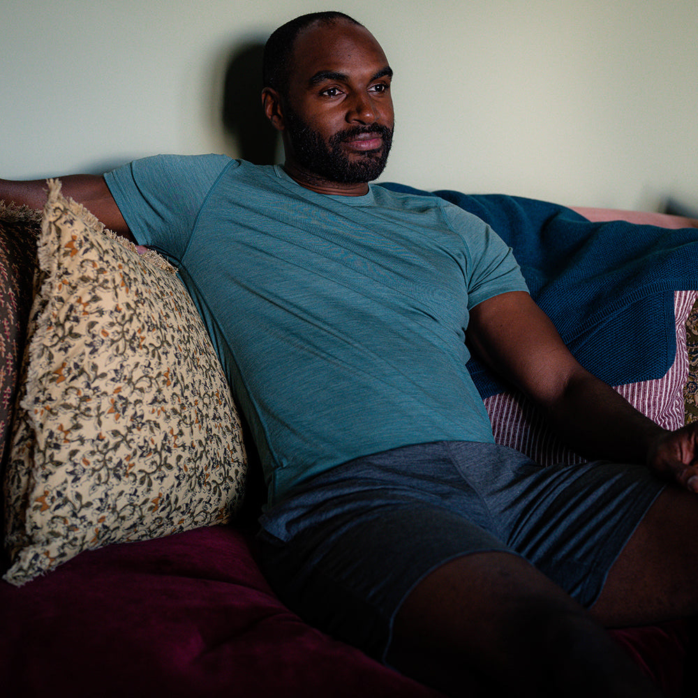 Isobaa | Mens Merino Blend 160 PJ T-Shirt (Sage Melange) | Our superfine Merino blend T-shirt. | Model: Michael