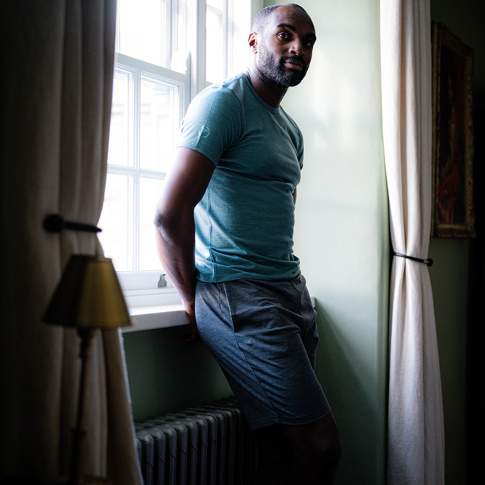 Isobaa | Mens Merino Blend 160 PJ T-Shirt (Sage Melange) | Our superfine Merino blend T-shirt. | Model: Michael