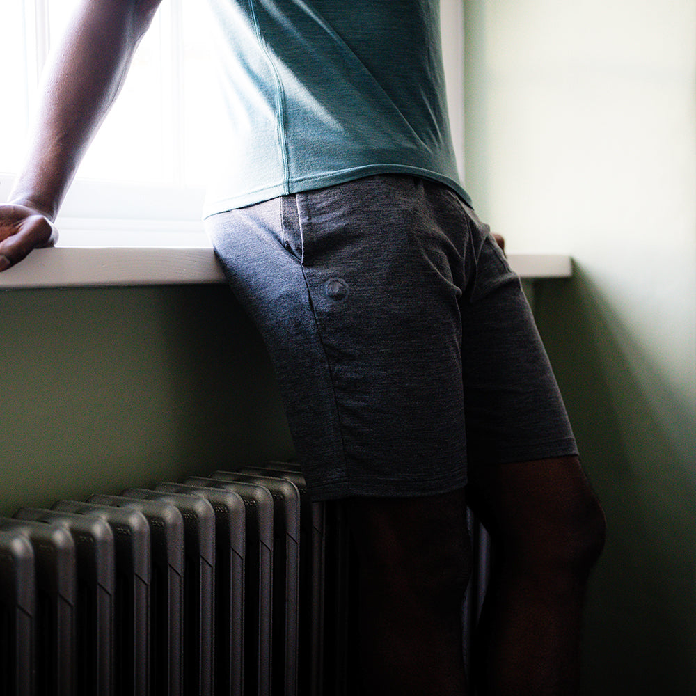 Isobaa | Mens Merino Blend 200 PJ Shorts (Smoke Melange) | Discover breathable comfort with our Merino blend shorts. | Model: Michael