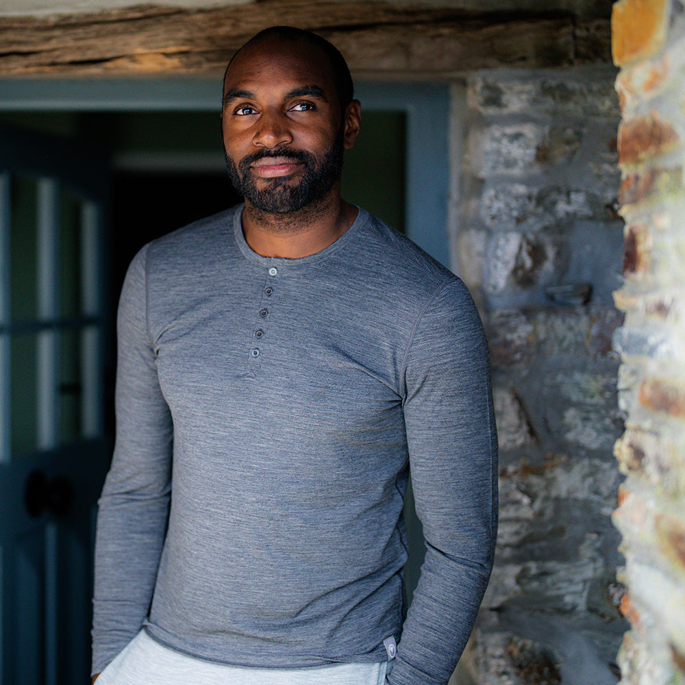 Isobaa | Mens Merino Blend 160 PJ Henley (Smoke Melange) | Relax with our superfine Merino blend Henley. | Model: Michael