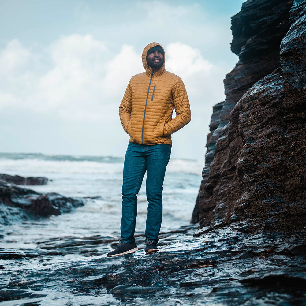 Isobaa | Mens Merino Wool Insulated Jacket (Mustard/Smoke) | Innovative and sustainable design with our Merino jacket. | Model: Michael