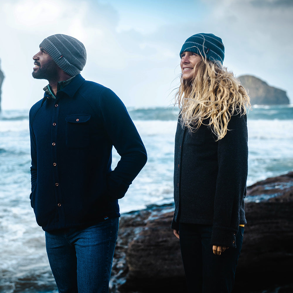 Isobaa | Merino Stripe Beanie (Petrol/Charcoal) | Wrap yourself in cosy warmth with Isobaa's Merino beanie.
