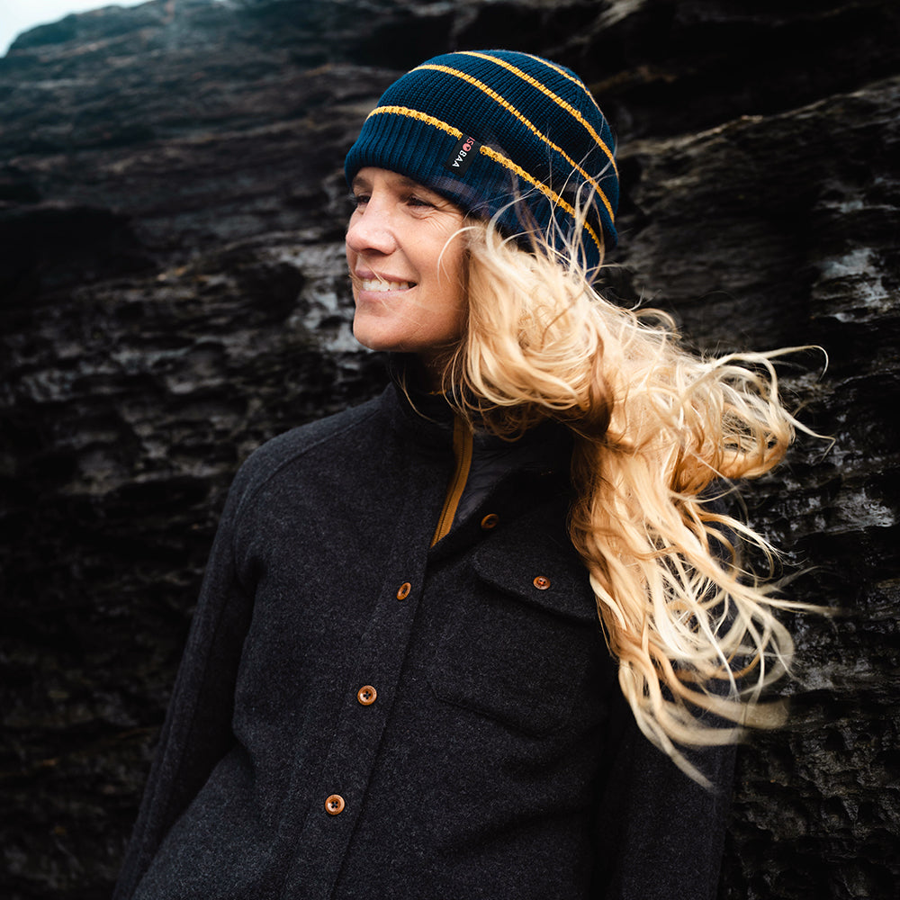Isobaa | Merino Stripe Beanie (Navy/Mustard) | Wrap yourself in cosy warmth with Isobaa's Merino beanie.