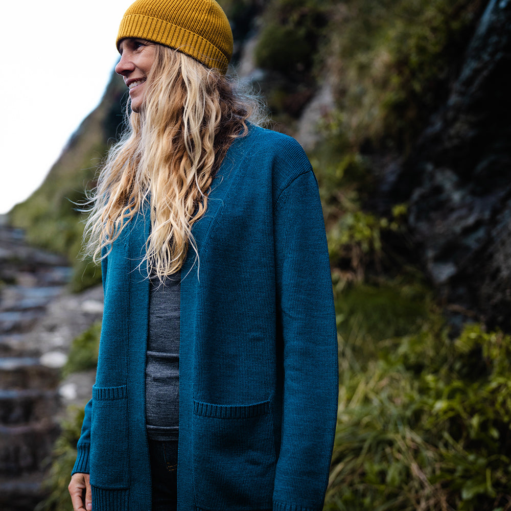 Isobaa | Womens Merino Open Cardigan (Petrol) | Wrap yourself in pure comfort with Isobaa's extra-fine Merino cardigan. | Model: Amy