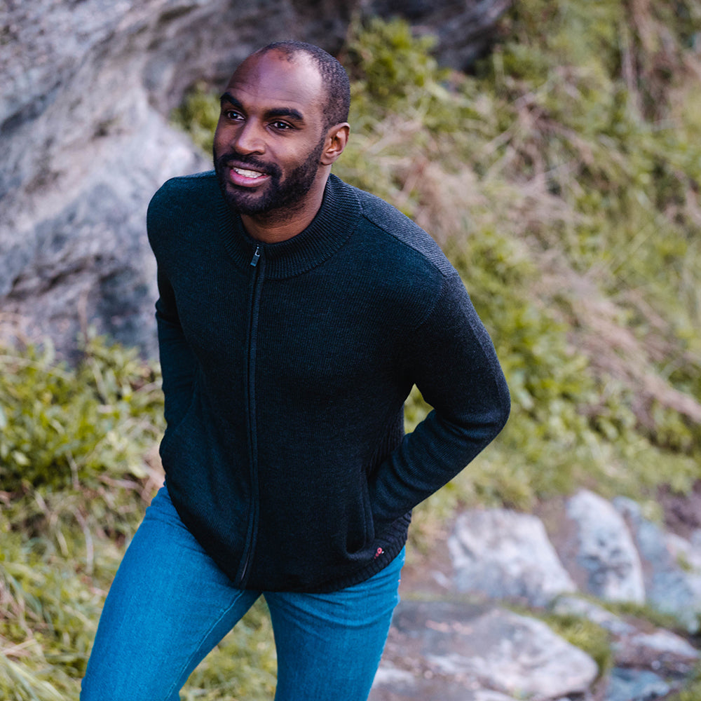 Isobaa | Mens Merino Zip Sweater (Black) | Discover exceptional warmth, comfort, and everyday versatility with our extrafine Merino wool sweater. | Model: Michael