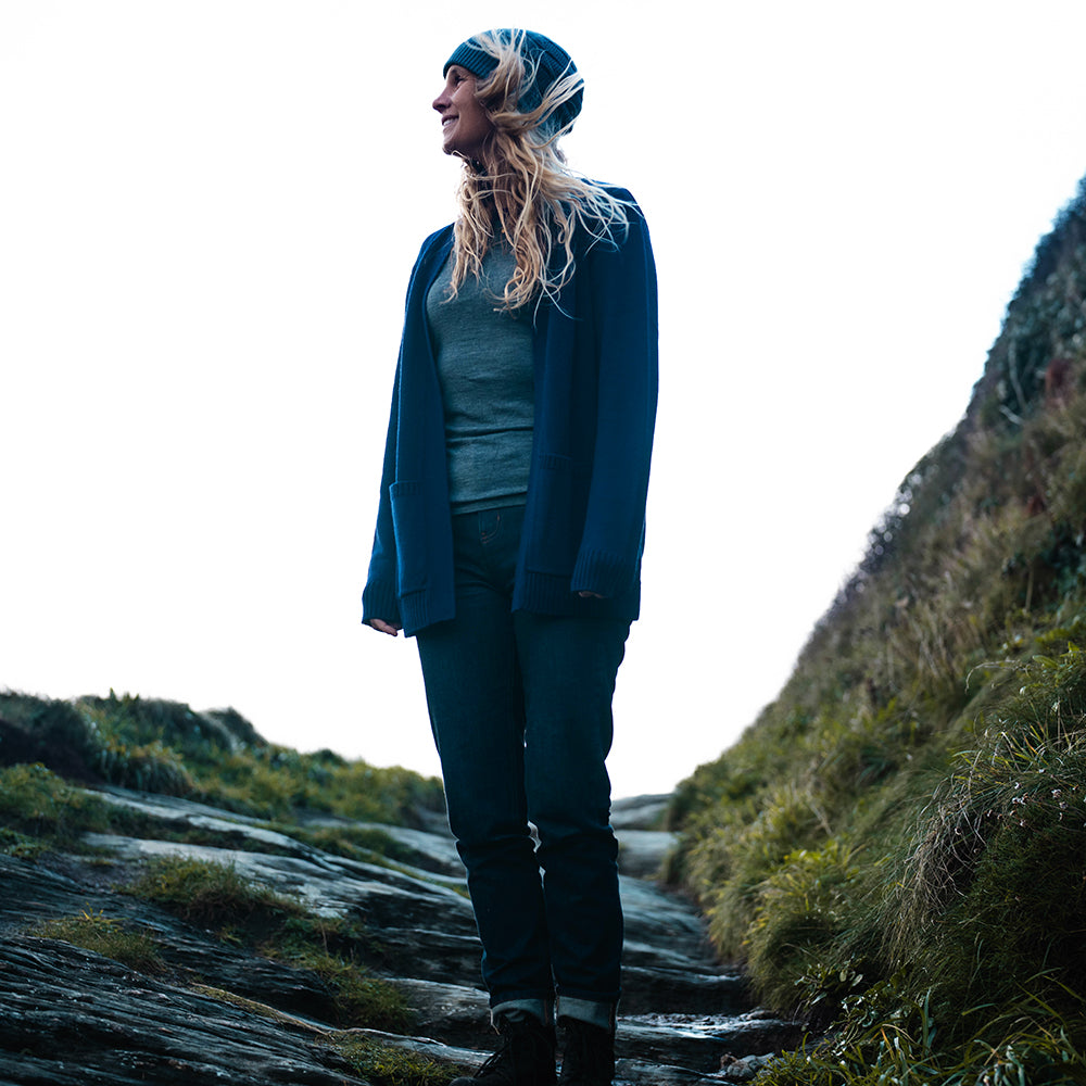 Isobaa | Womens Merino Open Cardigan (Navy) | Wrap yourself in pure comfort with Isobaa's extra-fine Merino cardigan. | Model: Amy