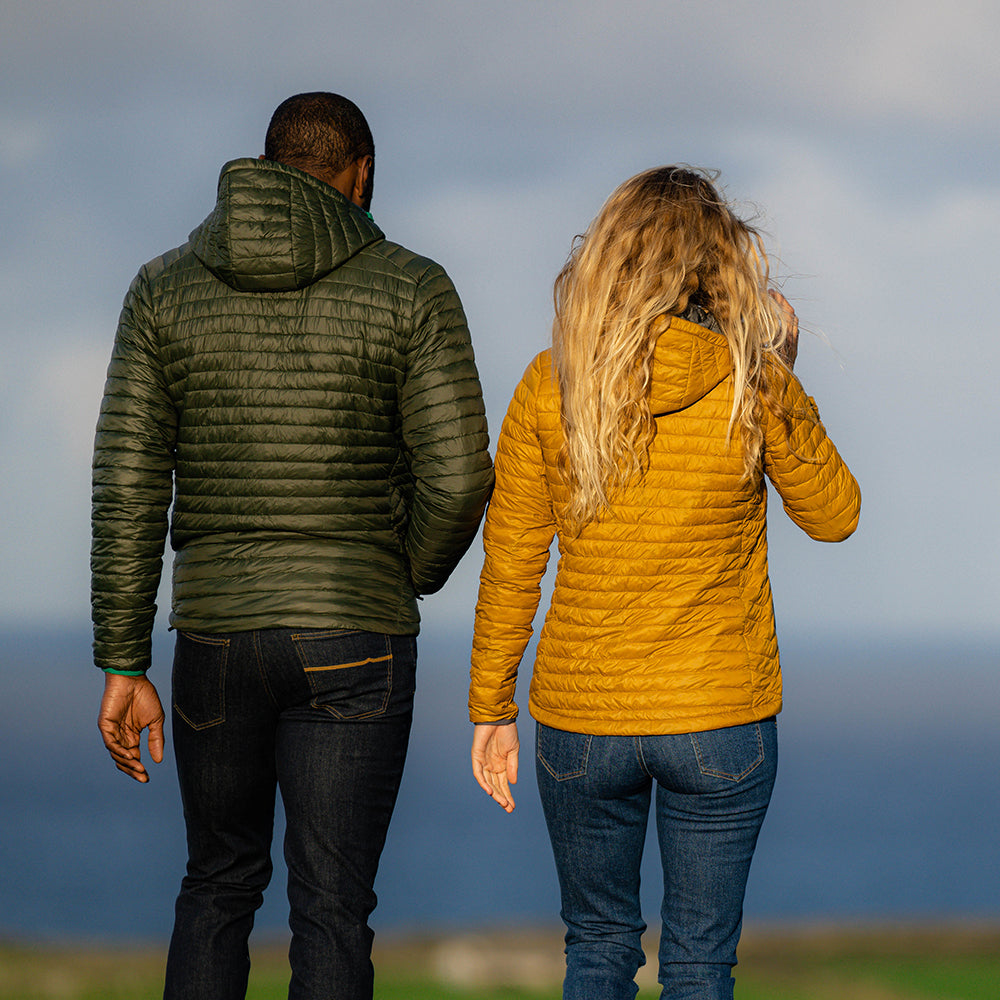 Isobaa | Womens Merino Wool Insulated Jacket (Mustard/Smoke) | Innovative and sustainable design with our Merino jacket. | Model: Amy