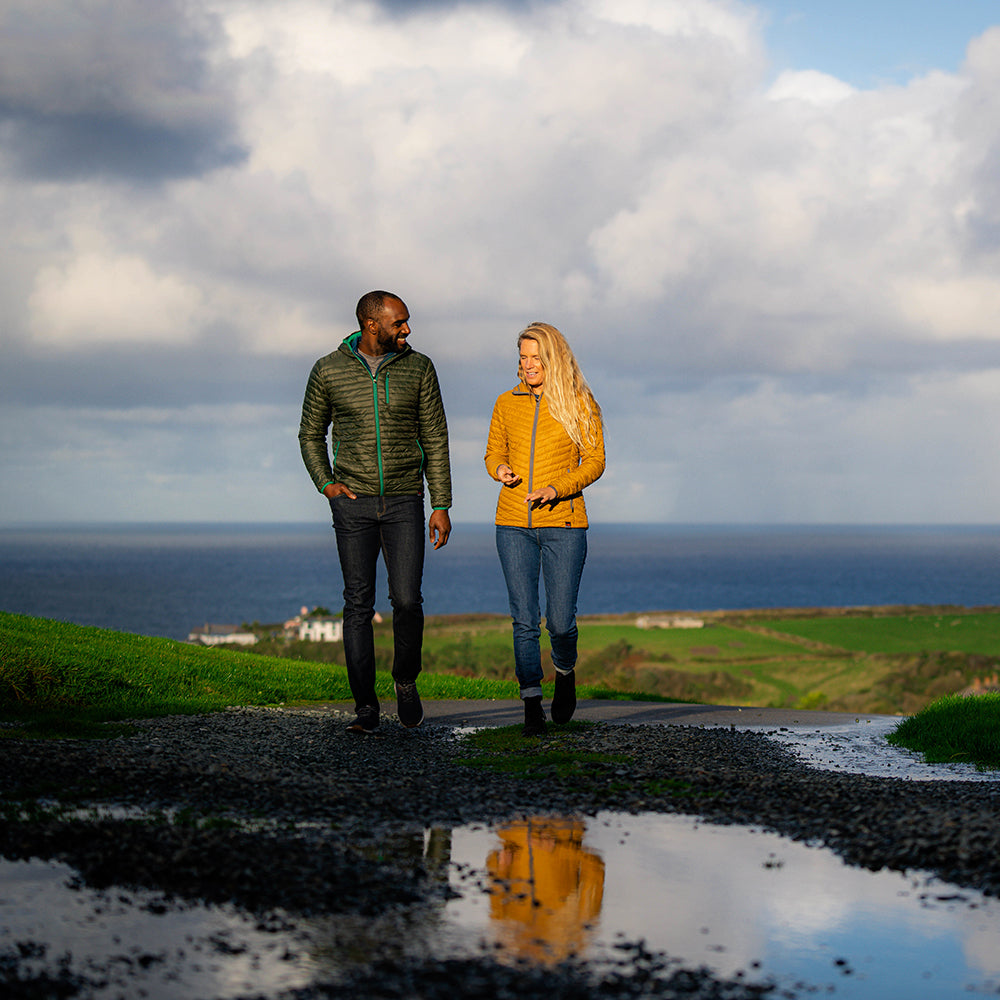 Isobaa | Womens Merino Wool Insulated Jacket (Mustard/Smoke) | Innovative and sustainable design with our Merino jacket. | Model: Amy
