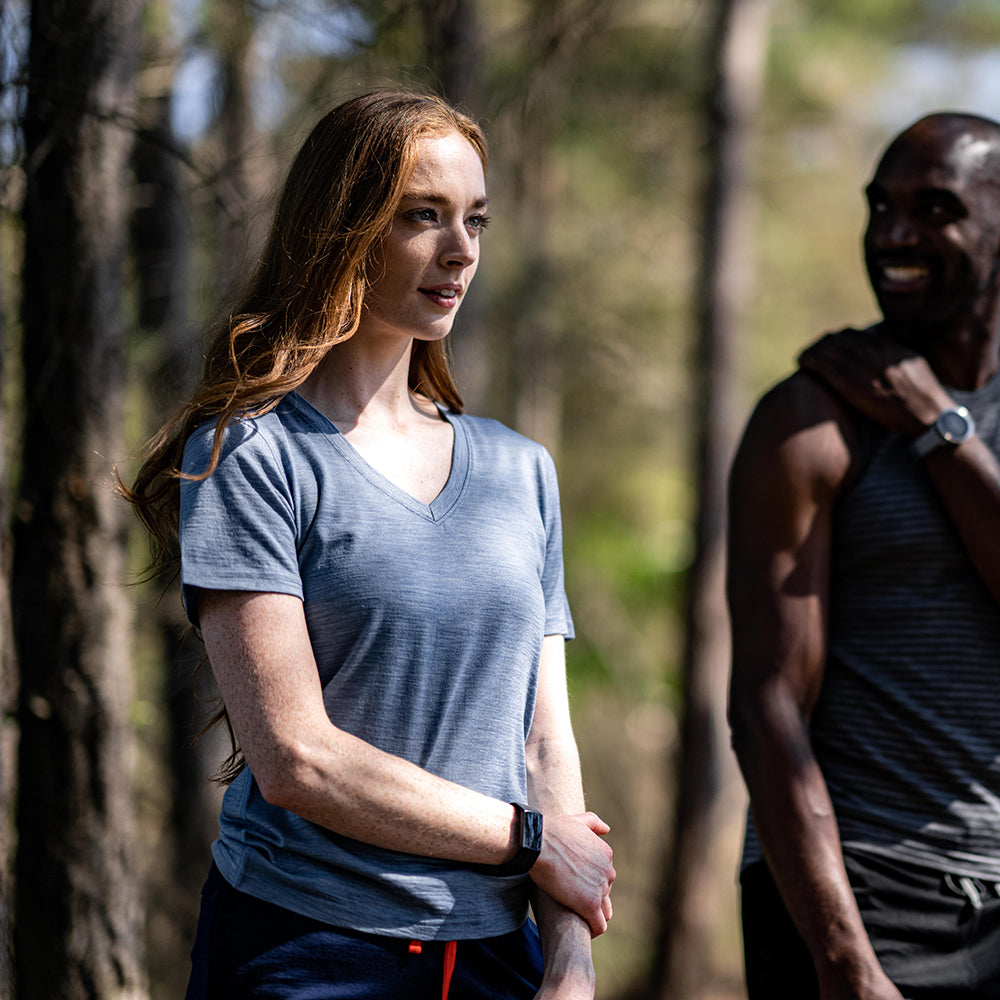 Isobaa | Womens Merino 150 V-Neck Tee (Sky) | Embark on new adventures with Isobaa's superfine Merino V-neck Tee. | Model: Sophie