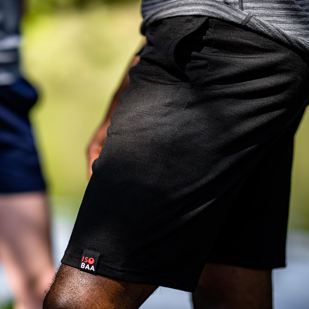 Isobaa | Mens Merino 200 Shorts (Black) | Our premium 200gm Merino wool shorts are ideal for exercise, post-workout relaxation, weekend lounging, errands, or tackling your daily routines – experience unmatched softness, natural temperature regulation, and odour-resistance. | Model: Michael