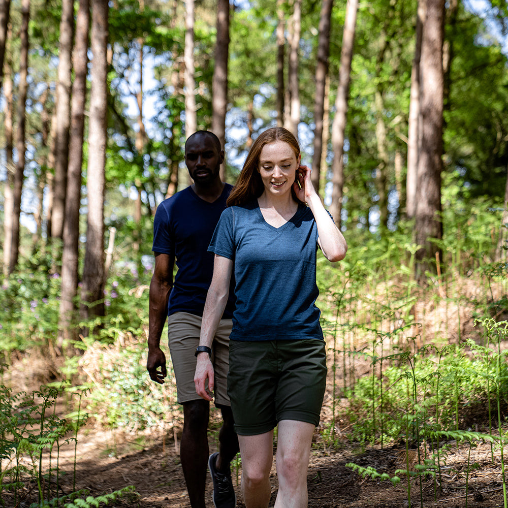 Isobaa | Womens Merino 150 V-Neck Tee (Petrol) | Embark on new adventures with Isobaa's superfine Merino V-neck Tee. | Model: Sophie