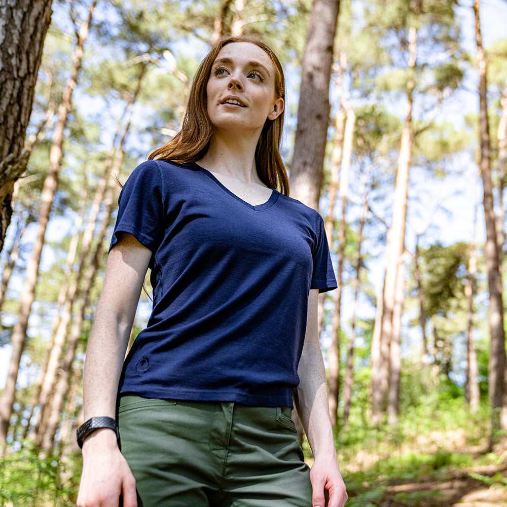 Isobaa | Womens Merino 150 V-Neck Tee (Navy) | Embark on new adventures with Isobaa's superfine Merino V-neck Tee. | Model: Sophie