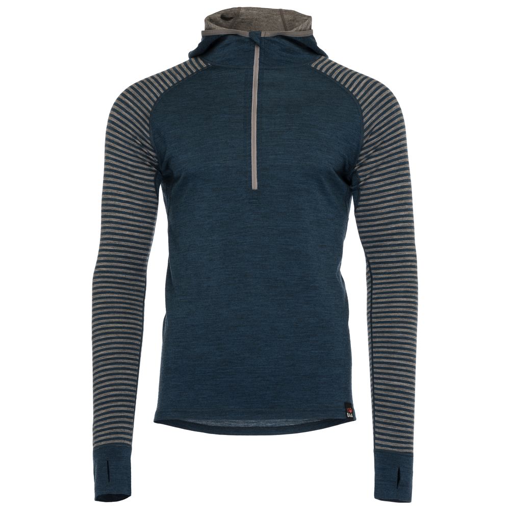 Isobaa | Mens Merino 200 Zip Neck Hoodie (Stripe Petrol/Charcoal) | The ultimate 200gm Merino wool hoodie.