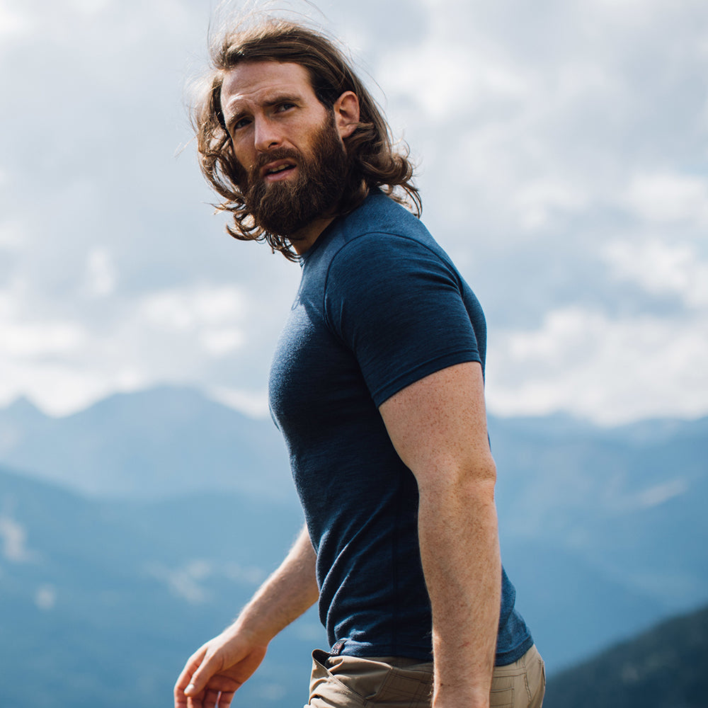 Isobaa | Mens Merino 150 Short Sleeve Crew (Denim) | Gear up for performance and comfort with Isobaa's technical Merino short-sleeved top. | Model: Craig