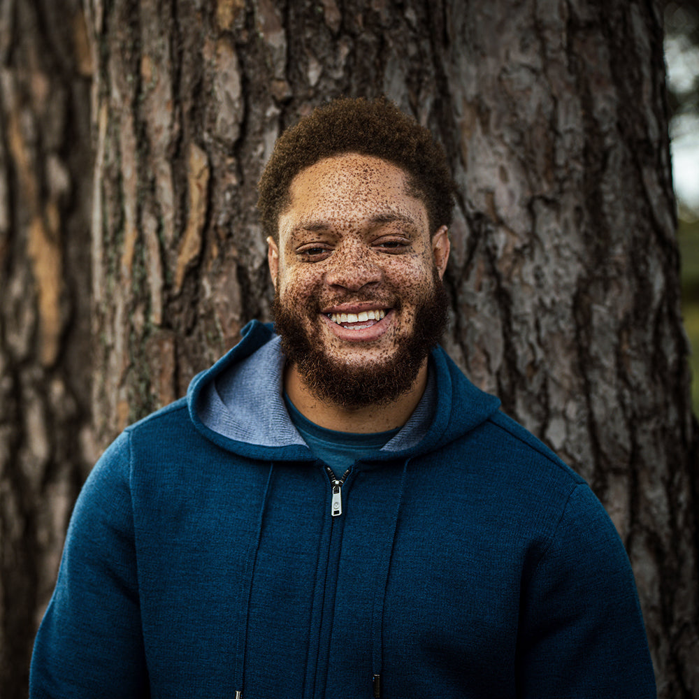 Isobaa | Mens LUX Hoodie (Petrol/Sky) | Discover the pinnacle of comfort with Isobaa's 100% Merino double-knit hoodie. | Model: Shaquille