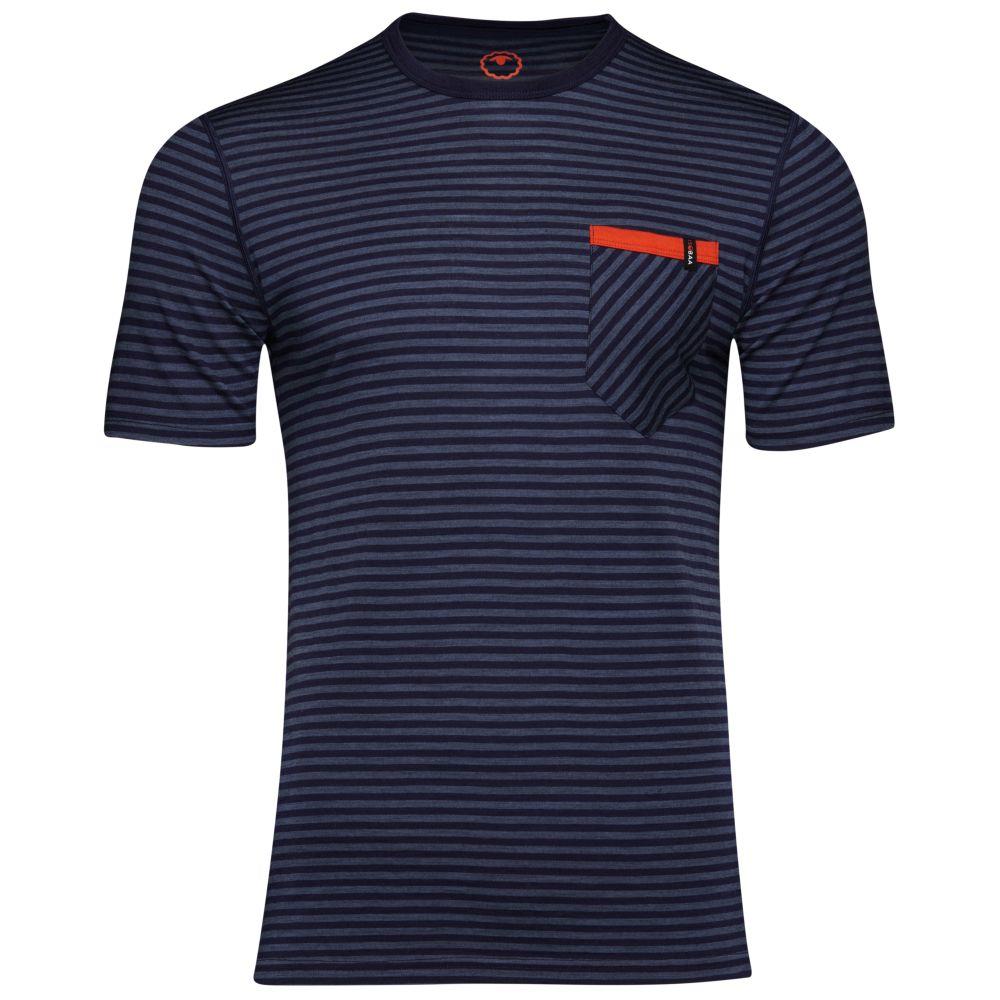 Isobaa | Mens Merino 150 Pocket Tee (Mini Stripe Navy/Denim) | Gear up for outdoor adventure with Isobaa's superfine Merino Tee – a perfect blend of comfort, practicality, and sustainable design.