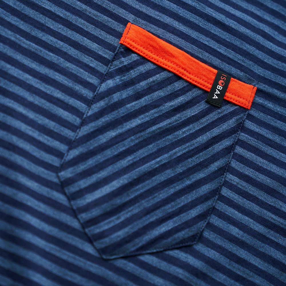 Isobaa | Mens Merino 150 Pocket Tee (Mini Stripe Navy/Denim) | Gear up for outdoor adventure with Isobaa's superfine Merino Tee – a perfect blend of comfort, practicality, and sustainable design.