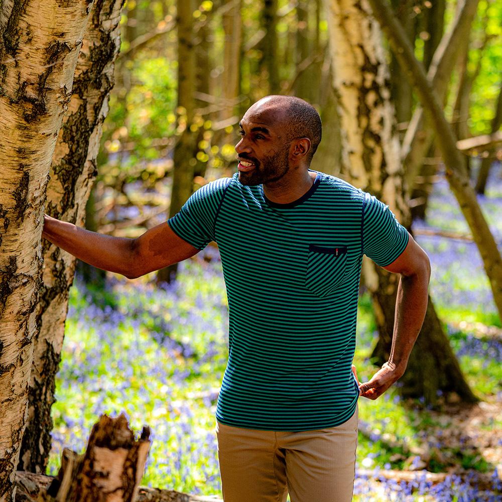 Isobaa | Mens Merino 150 Pocket Tee (Mini Stripe Navy/Green) | Gear up for outdoor adventure with Isobaa's superfine Merino Tee – a perfect blend of comfort, practicality, and sustainable design.