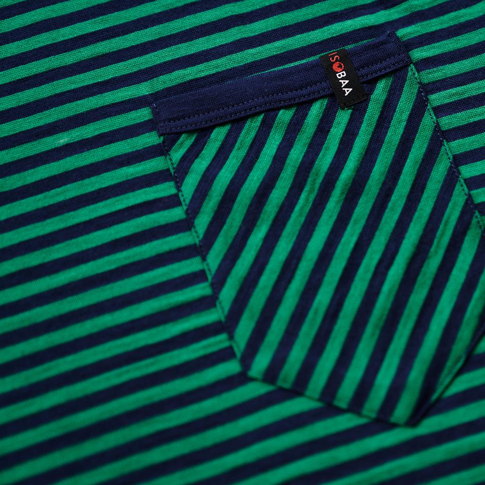 Isobaa | Mens Merino 150 Pocket Tee (Mini Stripe Navy/Green) | Gear up for outdoor adventure with Isobaa's superfine Merino Tee – a perfect blend of comfort, practicality, and sustainable design.