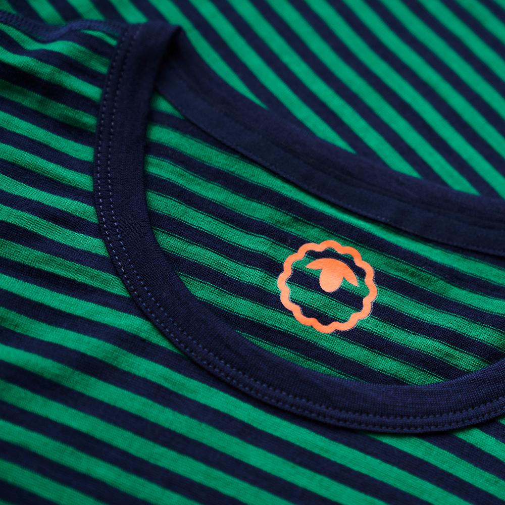 Isobaa | Mens Merino 150 Pocket Tee (Mini Stripe Navy/Green) | Gear up for outdoor adventure with Isobaa's superfine Merino Tee – a perfect blend of comfort, practicality, and sustainable design.
