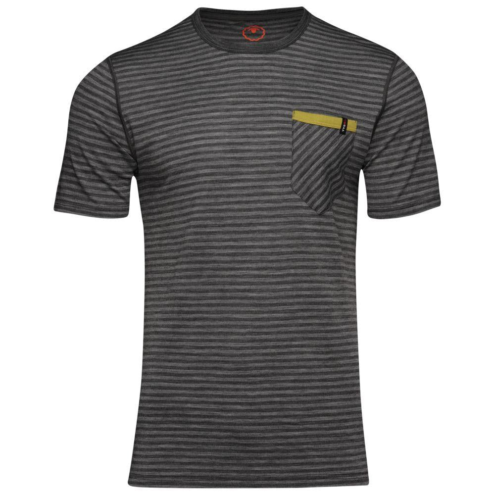 Isobaa | Mens Merino 150 Pocket Tee (Mini Stripe Smoke/Charcoal) | Gear up for outdoor adventure with Isobaa's superfine Merino Tee – a perfect blend of comfort, practicality, and sustainable design.