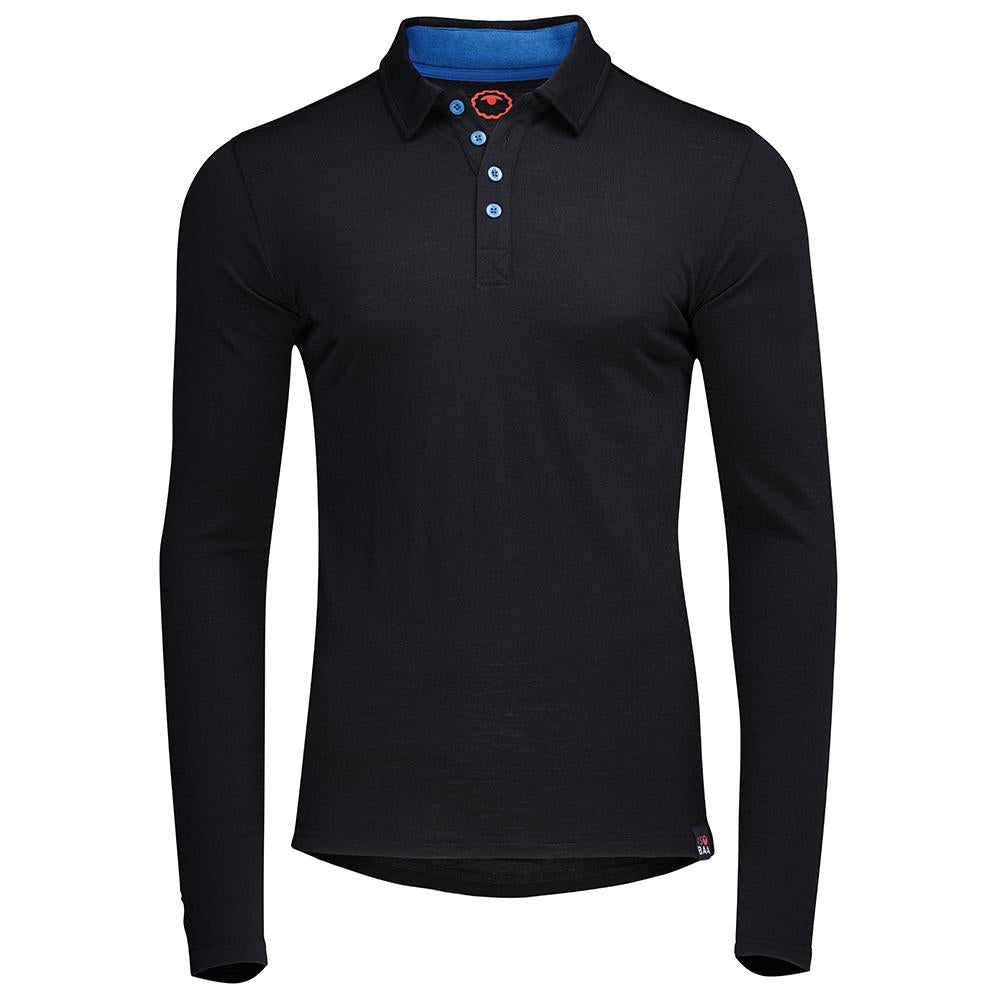 Isobaa | Mens Merino 200 Long Sleeve Polo Shirt (Black/Blue) | Discover unmatched comfort with our 200gm Merino wool polo.