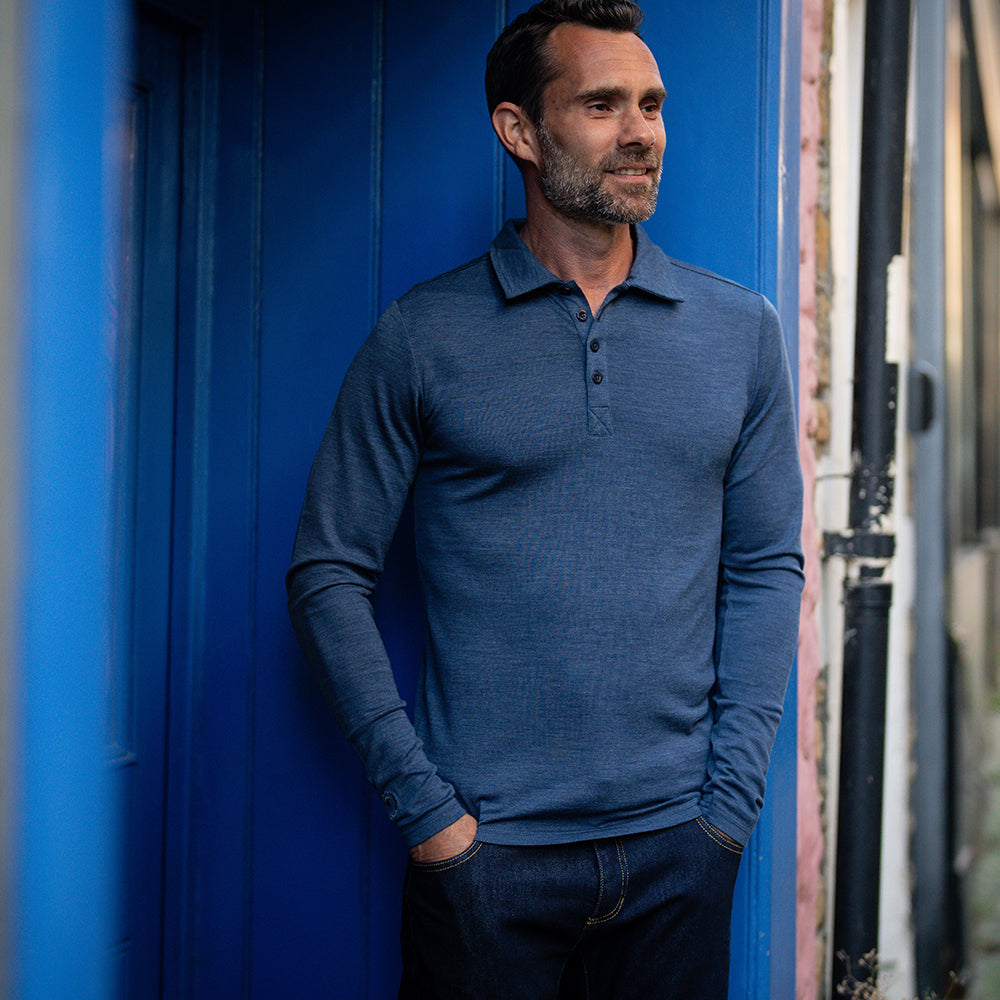 Isobaa | Mens Merino 200 Long Sleeve Polo Shirt (Denim/Navy) | Discover unmatched comfort with our 200gm Merino wool polo. | Model: Ben