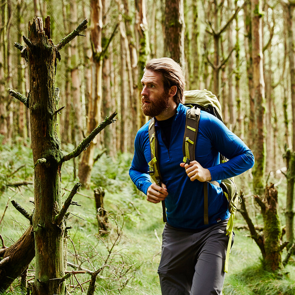 Isobaa | Mens Merino 200 Long Sleeve Zip Neck (Blue) | Experience the best of 200gm Merino wool with this ultimate half-zip top – your go-to for challenging hikes, chilly bike commutes, post-workout layering, and unpredictable weather. | Model: Craig