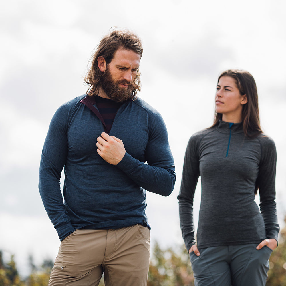 Isobaa | Mens Merino 200 Long Sleeve Zip Neck (Denim) | Experience the best of 200gm Merino wool with this ultimate half-zip top – your go-to for challenging hikes, chilly bike commutes, post-workout layering, and unpredictable weather. | Model: Craig