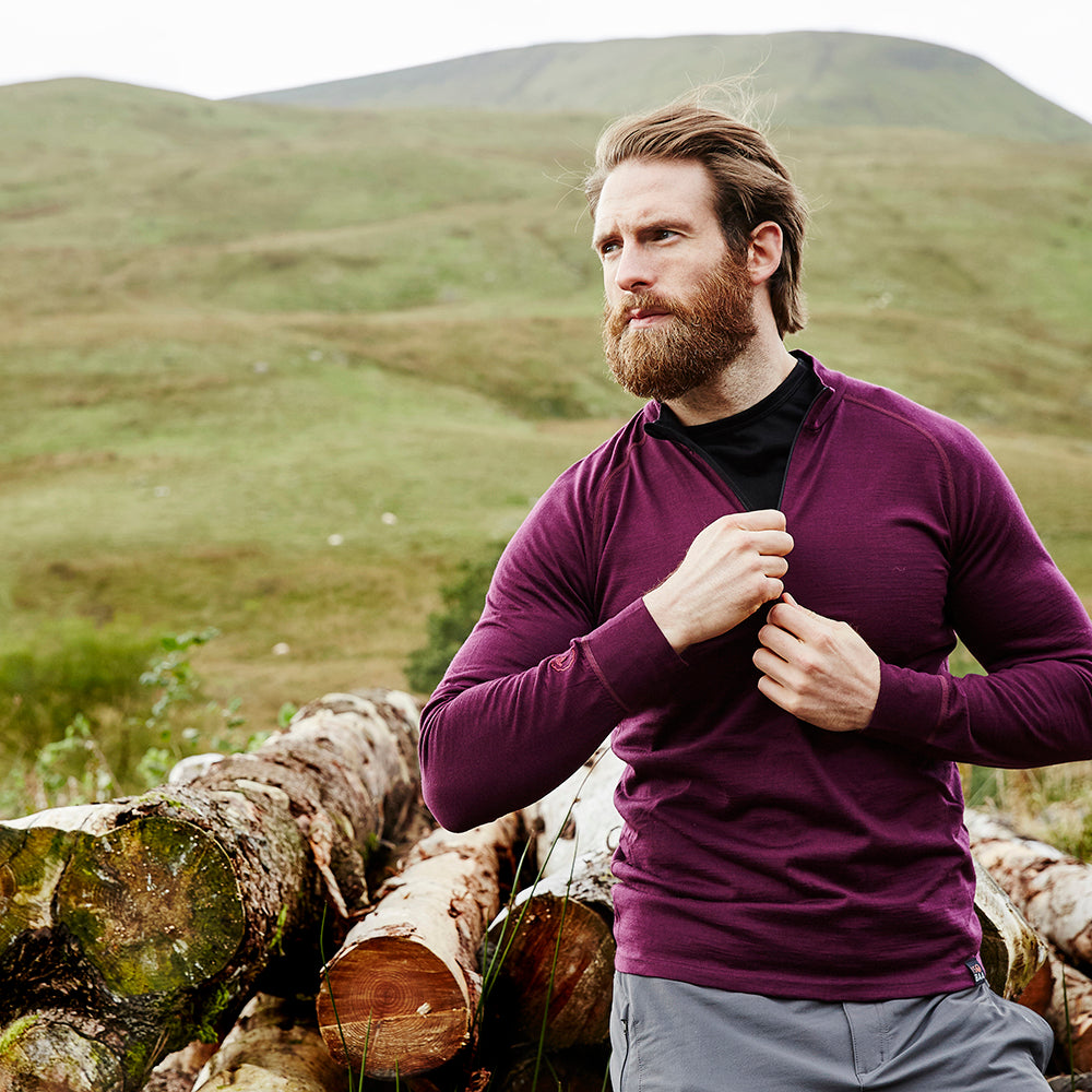 Isobaa | Mens Merino 200 Long Sleeve Zip Neck (Wine) | Experience the best of 200gm Merino wool with this ultimate half-zip top – your go-to for challenging hikes, chilly bike commutes, post-workout layering, and unpredictable weather. | Model: Craig