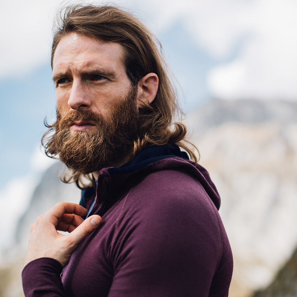 Isobaa | Mens Merino 200 Zip Neck Hoodie (Wine) | The ultimate 200gm Merino wool hoodie. | Model: Craig