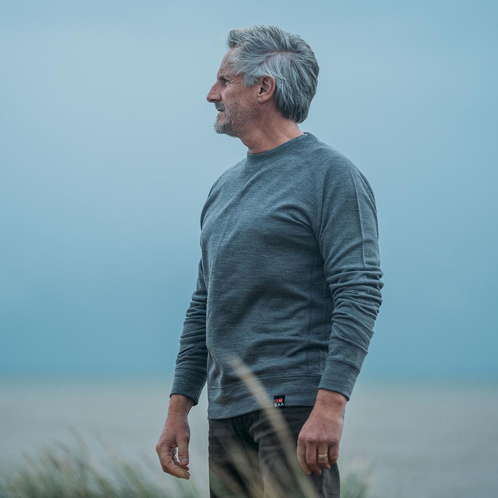 Isobaa | Mens Merino 260 Lounge Sweatshirt (Charcoal) | The ultimate 260gm Merino wool sweatshirt – Your go-to for staying cosy after chilly runs, conquering weekends in style, or whenever you crave warmth without bulk. | Model: Simon