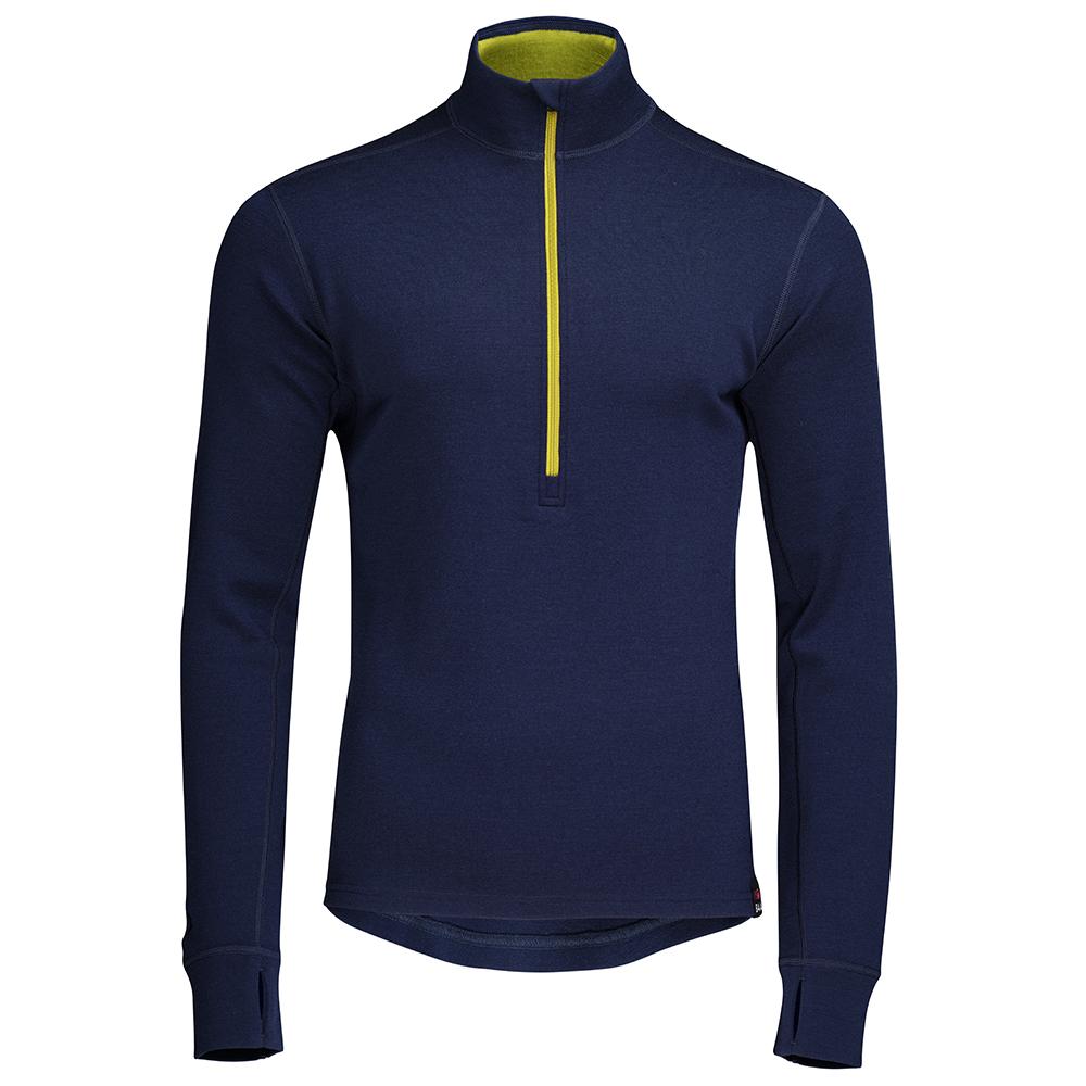 Isobaa | Mens Merino 320 Long Sleeve Half Zip (Navy/Lime) | Conquer cold trails, blustery commutes, and unpredictable weather with the ultimate Merino wool half-zip top.