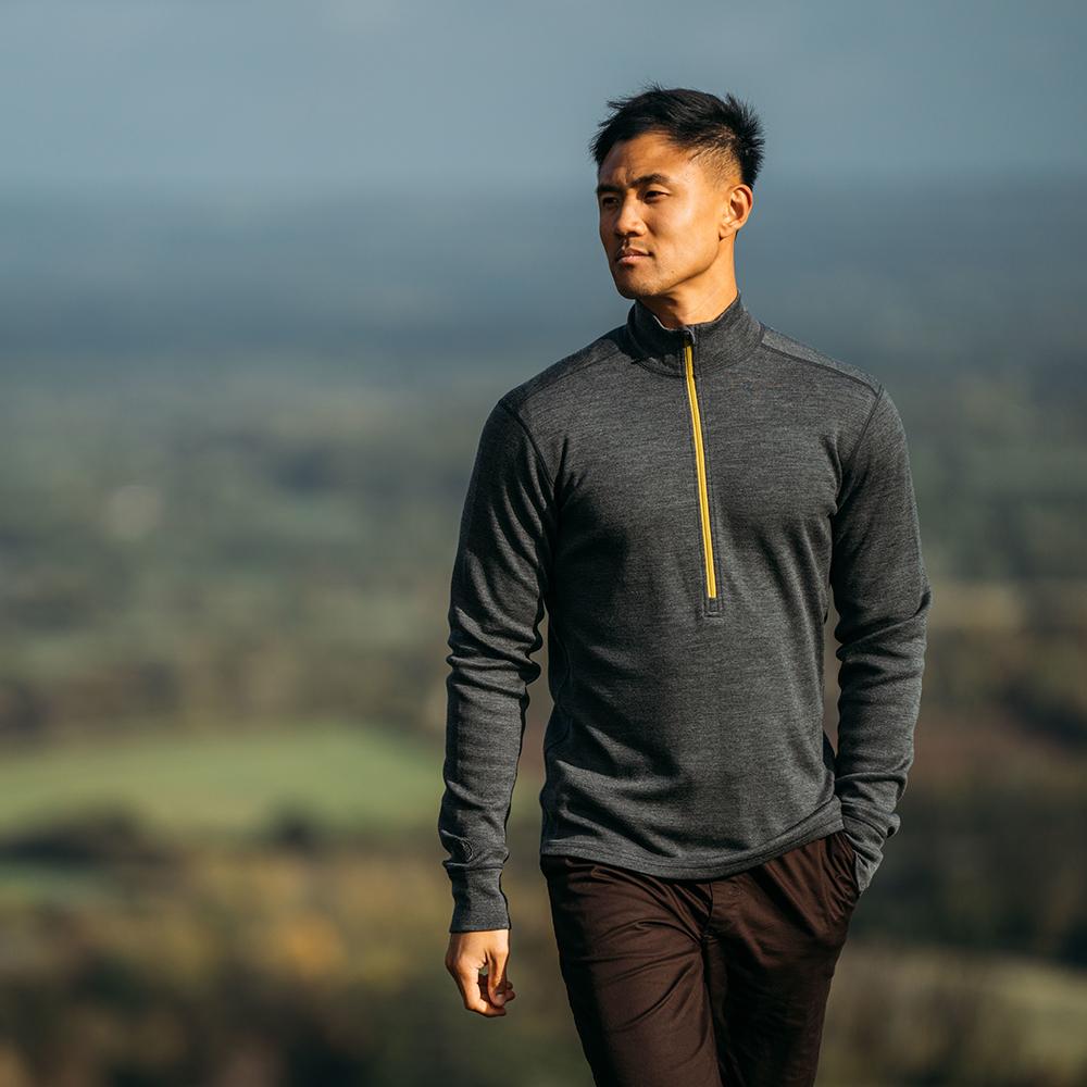 Isobaa | Mens Merino 320 Long Sleeve Half Zip (Smoke/Lime) | Conquer cold trails, blustery commutes, and unpredictable weather with the ultimate Merino wool half-zip top. | Model: Donald