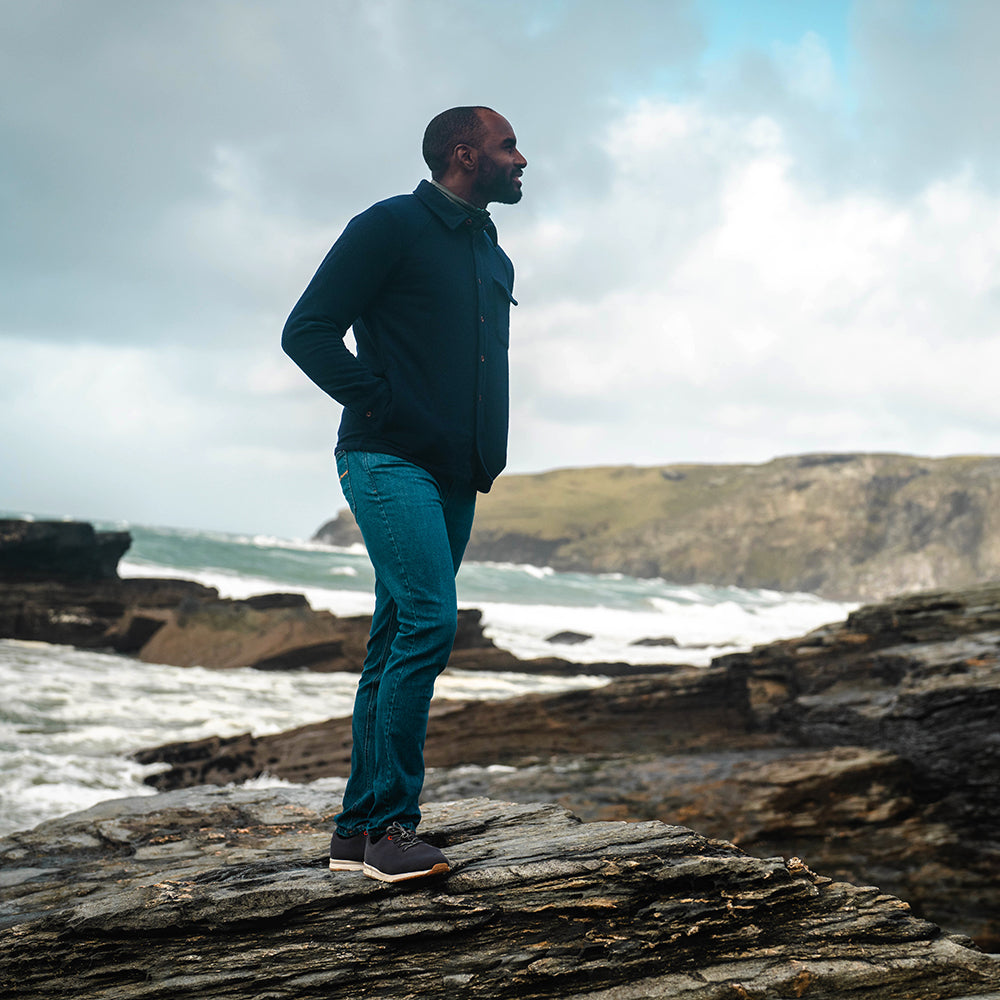 Isobaa | Mens Merino Blend Mountain Shirt (Navy) | Conquer trails, peaks, and urban adventures with this high-performance Merino blend overshirt. | Model: Michael