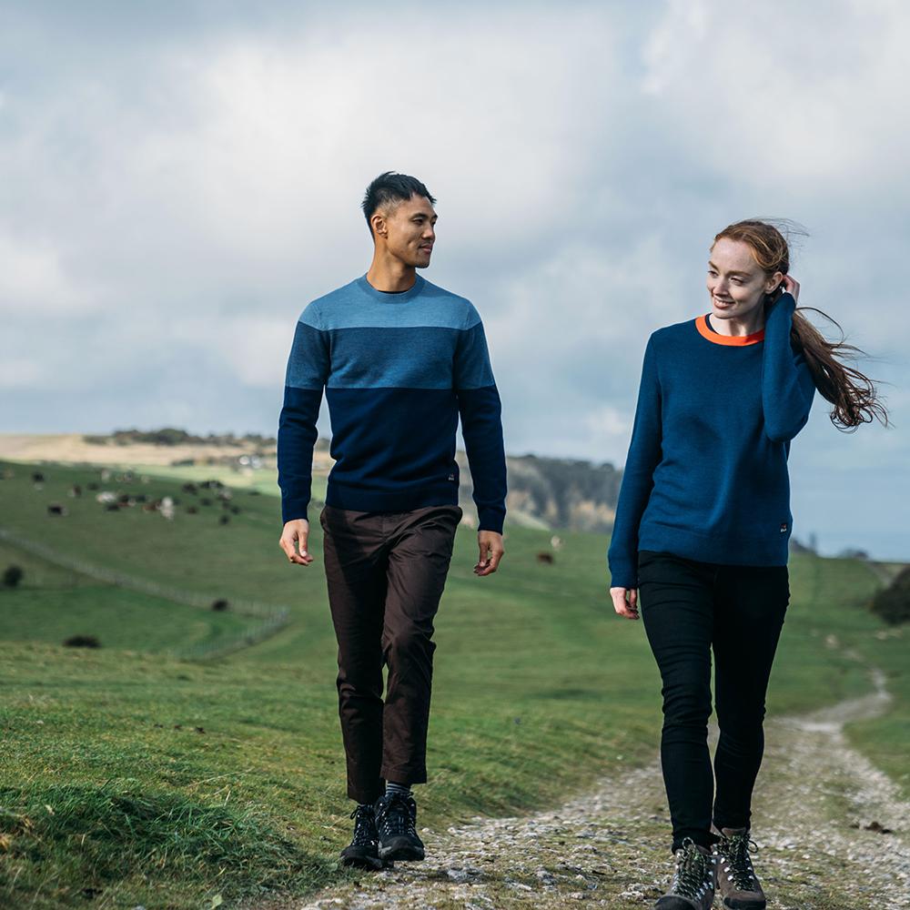 Isobaa | Mens Merino Block Stripe Sweater (Navy/Denim/Sky) | Discover effortless style and exceptional comfort with our extrafine 9-gauge Merino wool crew neck sweater. | Model: Donald