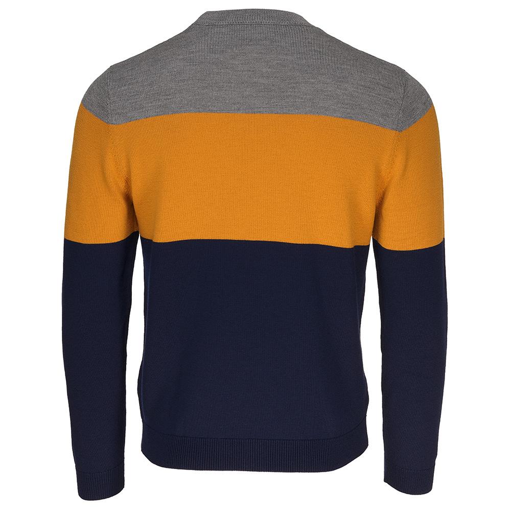 Isobaa | Mens Merino Block Stripe Sweater (Navy/Mustard/Charcoal) | Discover effortless style and exceptional comfort with our extrafine 9-gauge Merino wool crew neck sweater.