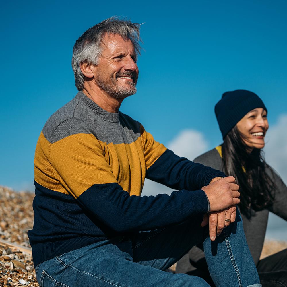 Isobaa | Mens Merino Block Stripe Sweater (Navy/Mustard/Charcoal) | Discover effortless style and exceptional comfort with our extrafine 9-gauge Merino wool crew neck sweater. | Model: Simon