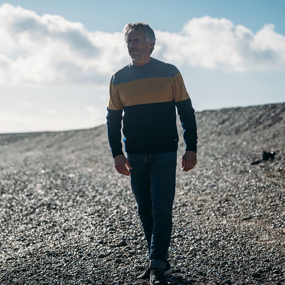 Isobaa | Mens Merino Block Stripe Sweater (Navy/Mustard/Charcoal) | Discover effortless style and exceptional comfort with our extrafine 9-gauge Merino wool crew neck sweater. | Model: Simon