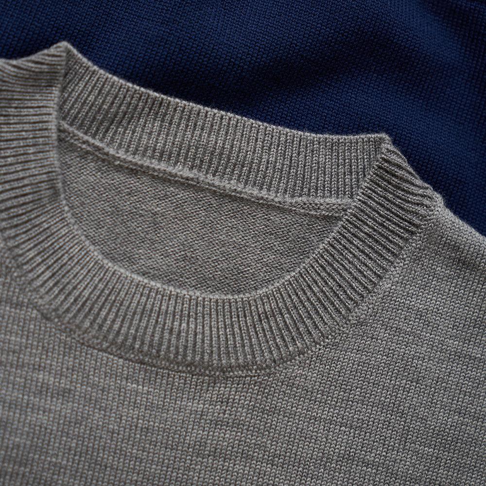 Isobaa | Mens Merino Block Stripe Sweater (Navy/Mustard/Charcoal) | Discover effortless style and exceptional comfort with our extrafine 9-gauge Merino wool crew neck sweater.